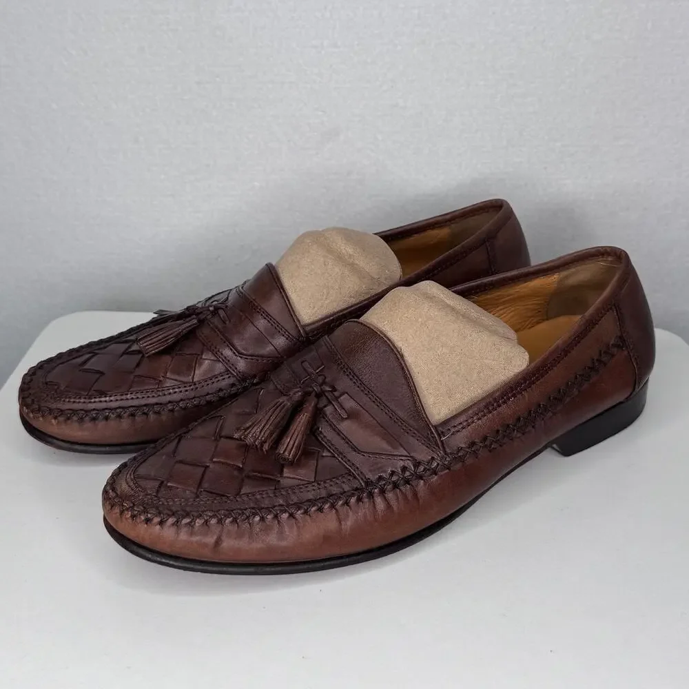 1990s Johnston & Murphy Brown Leather Preppy Woven Tassel Loafers Men’s 10.5M